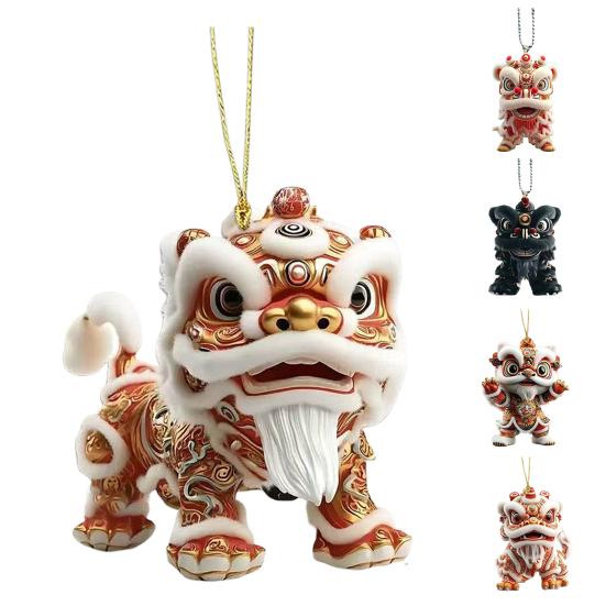 Car Pendant with Metal Chain Lion Dance Design Plush Fabric Car Charm Keychain Bag Accessory Good Fortune Decoration