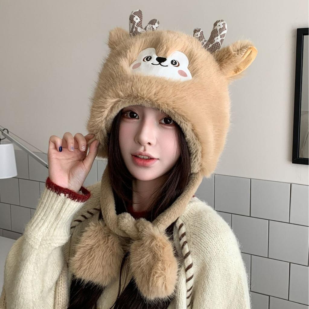 Antlers plush hat women's autumn and winter warm Lei Feng hat Christmas hat cute elk ear protection pullover hat