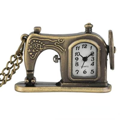 Chic Sewing Machine Pocket Watch Bronze Antique Steampunk Fob Clock with Necklace Chain