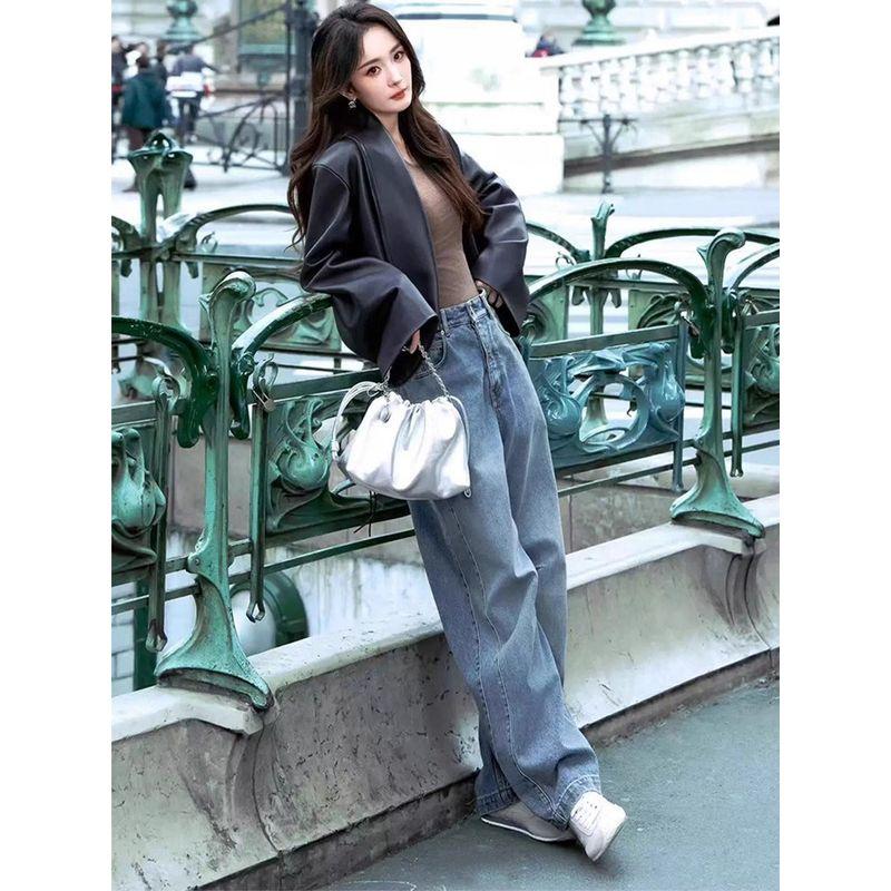 Yang Mi Style Blue Wide-Leg Jeans for Women 2026 Spring and Autumn New Retro High-Waisted Slimming Loose Fit Curved Pants
