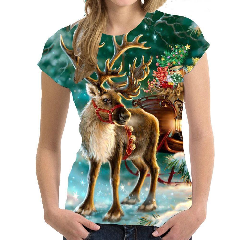 Summer Round Neck 3D Christmas Print Top Fashionable Casual Short Sleeved Women's T-shirts