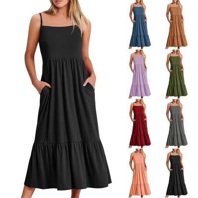 Ladies Casual Sexy Solid Color Fashion Pleated Large Hem Loose Sleeveless Pocket Dress