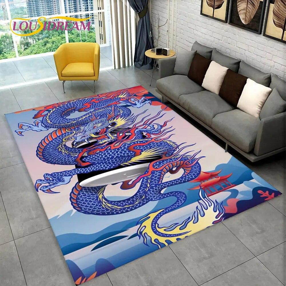 Kreslený Vzor Draka Velký Oblastní Koberec, Koberec pro Obývací Pokoj Ložnici Pohovku Rohožka Kuchyňská Dekorace, Dětská Hrací Protiskluzová Podlahová Podložka