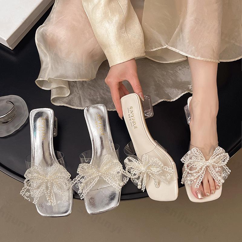 Women's Slippers Sandals Summer 2026 Fashion Jelly High Heel Slippers Pearl Bowknot Sexy Outdoor Beach Shoes Women Shoes