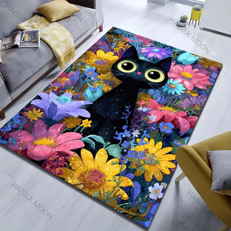 1PC Black cat among flowers Pattern Rug Carpets for Bedroom Living Room Sofa Mat Creative Door Mat Cloakroom Home Decor