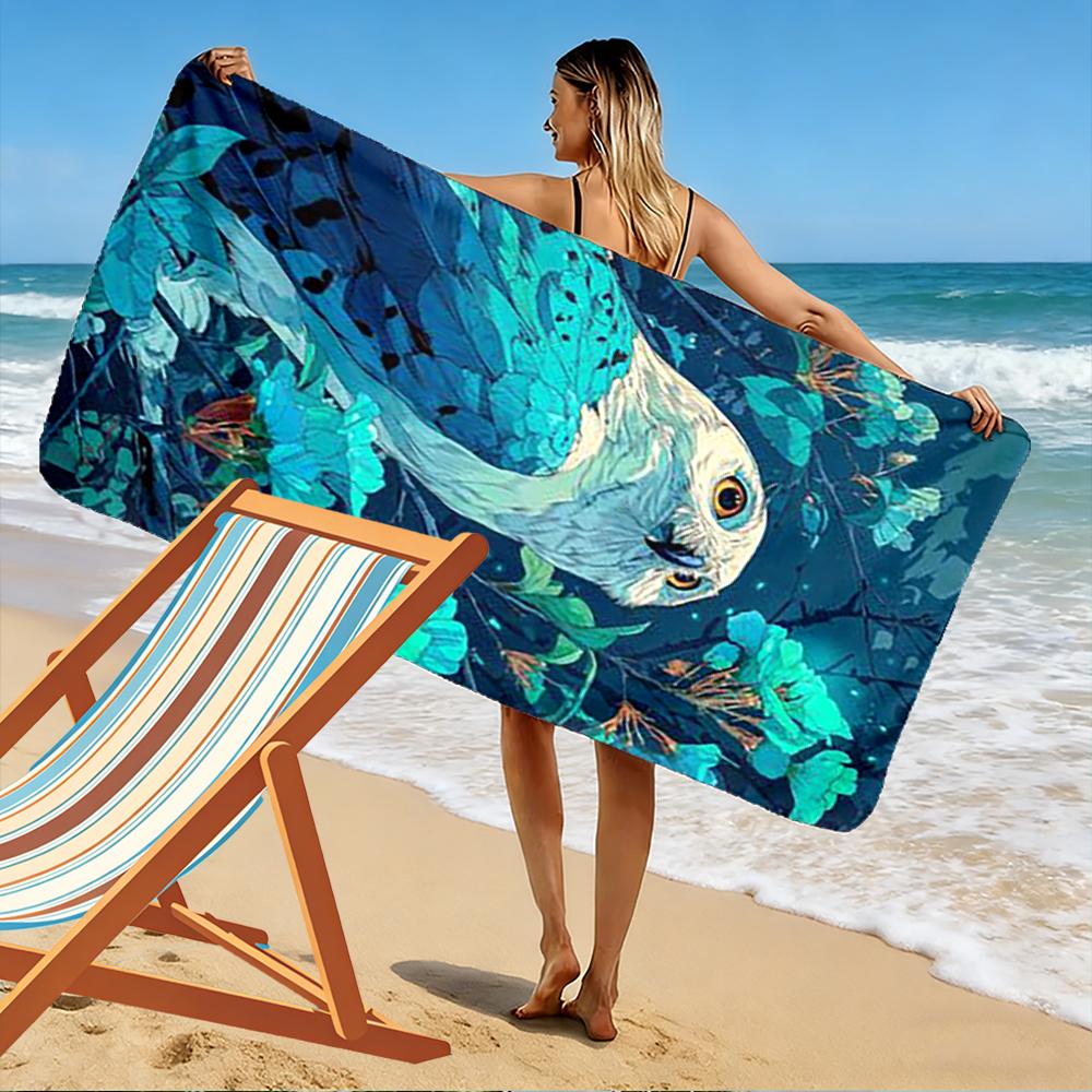 Blue Owl and Floral Design Towel Beach towel quick-drying for travel outdoor sports jogging beach and swimming