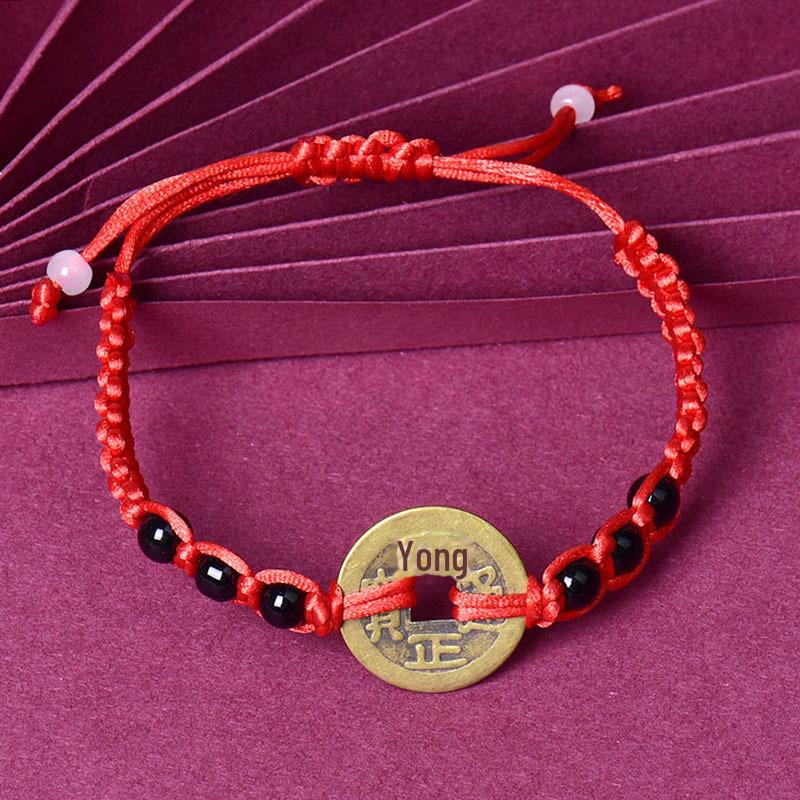 Brățară cu șir roșu, țesută manual, cu monede de cupru, a celor cinci împărați