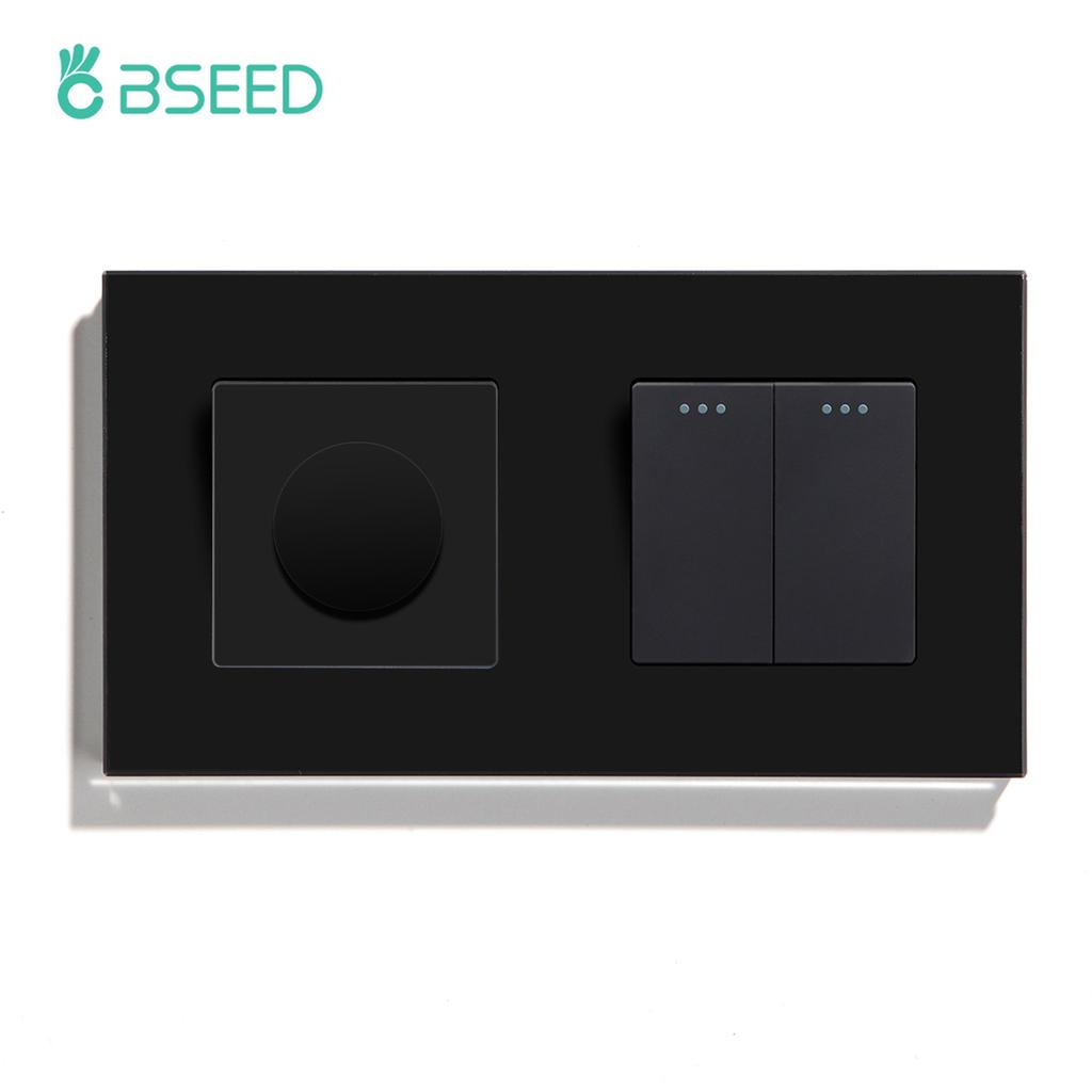 BSEED Mechanical Dimmer Fan Switch With 1/2/3Gang Wall Light Switches EU Socket USB Type-c Power Ports  2.1A Glass Panel