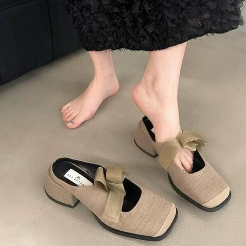 2025 Spring and Summer New Bag Head Cool Slippers Women's Outer Wear Square Head Korean Version Thick Heel Bow Versatile Lazy Half Slippers