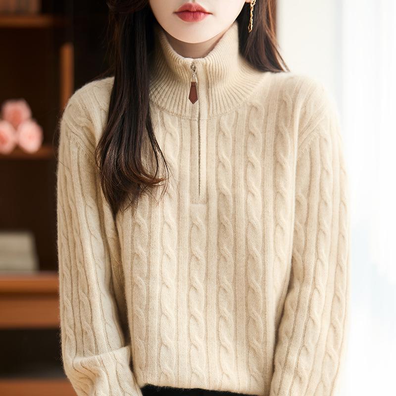 Women's Polo Collar 100% Pure Wool Sweater - Thickened, Zip-Up, Cable Knit, Long Sleeve Base Layer for Autumn and Winter