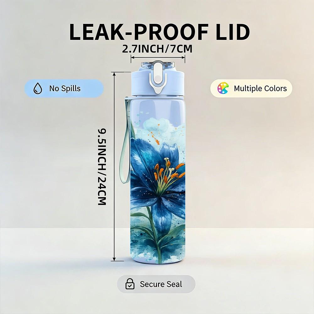 1PC Blue Poppy Watercolor Flower Pattern 750ml Color Plastic Sports Water Bottle Leakproof Flip Straw Lid Suitable for Sports Office Home Use