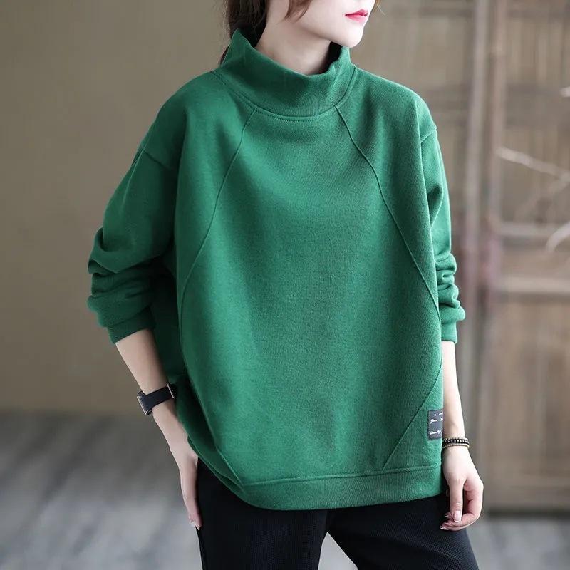 

Женская толстовка 2025 Осень и Зима Однотонная Свободного кроя С полувысоким воротником Пуловер без капюшона С длинным рукавом Топ с толстым вельветом 3XL зелёный