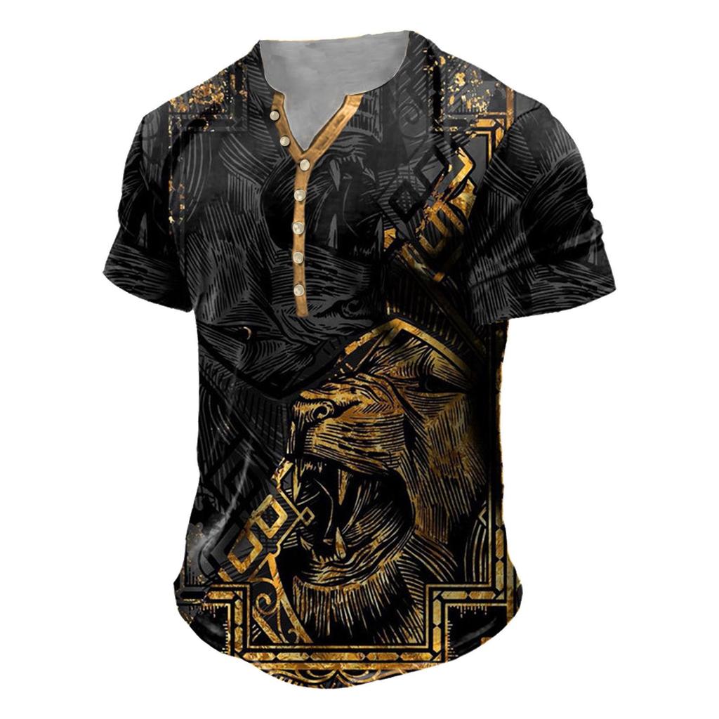 Men'S Printed T-Shirt Outdoor Retro Button Loose Short Sleeve Top