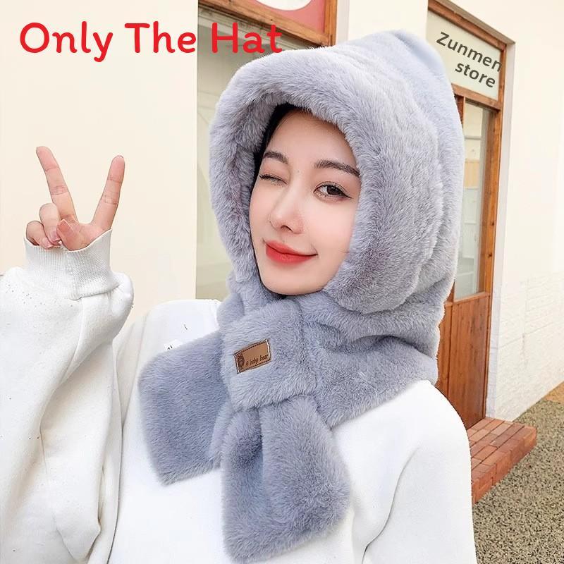 Plush Hooded Scarf For Women With Windproof Neck Cover And Soft Polyester Material