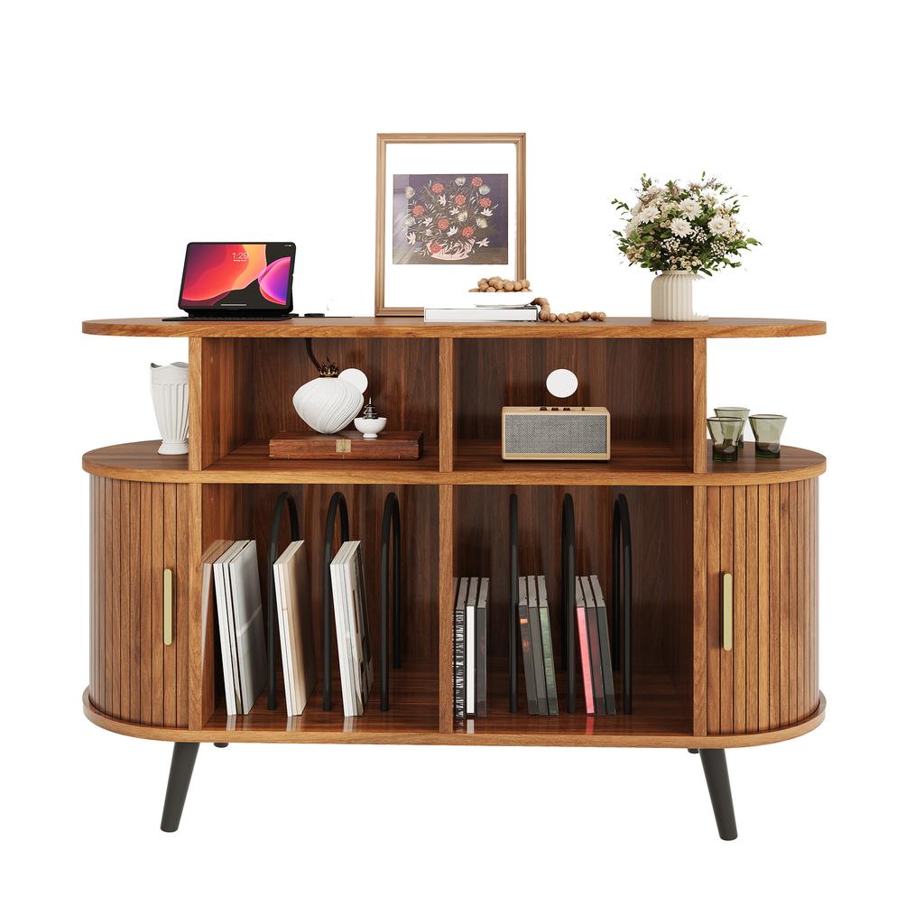 Record Cabinet HiFi Cabinet Sideboard MDF Oval Iron Feet Aluminum Handle Charging Station Cable Passage Sliding Door