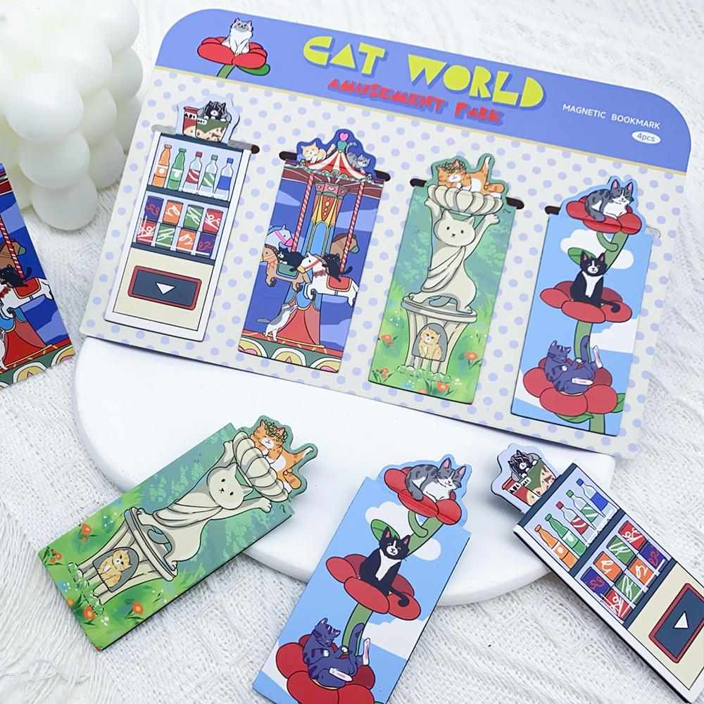 4pcs Cat World Magnetic Bookmarks Set, Cute Cat Cartoon Design Page Clips Book Marker, Unique Reading Gift Stationery