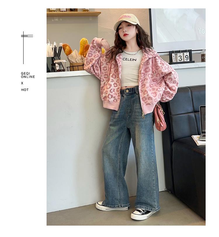 Big Girls' Stylish Leopard Print Cardigan Hoodie - Spring/Autumn 2025