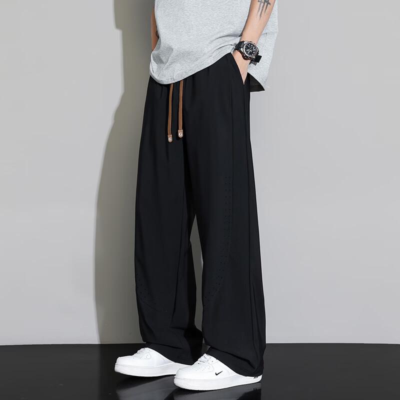 FARUISHI Men s Laser Perforated Ice Silk Loose Straight Pants L