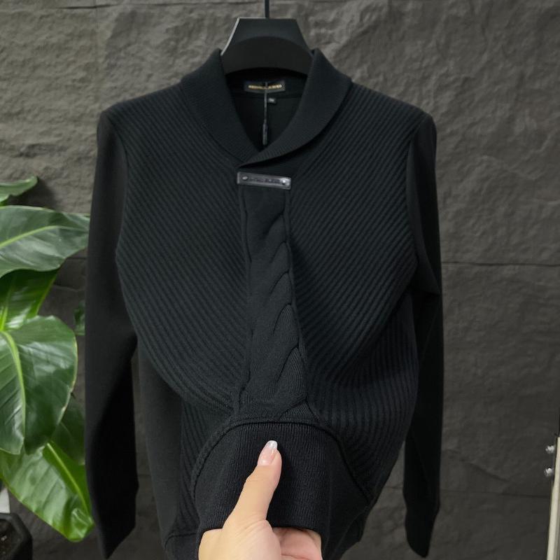 

Корейская осень/зима Новые толстовки мужские с лацканами, однотонные, с резьбой, пэчворк, модные, роскошные, с длинным рукавом, пуловеры, футболки, топы 4XL чёрный