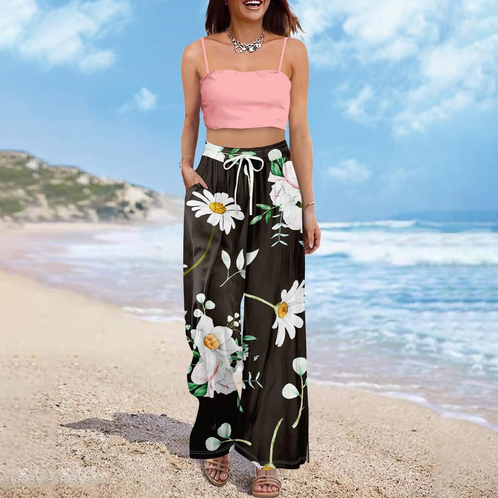 Kvinner Sommer Boho Palazzo Bukser Høy midje Bred Leg Rinting Casual Bukser Med Lommer