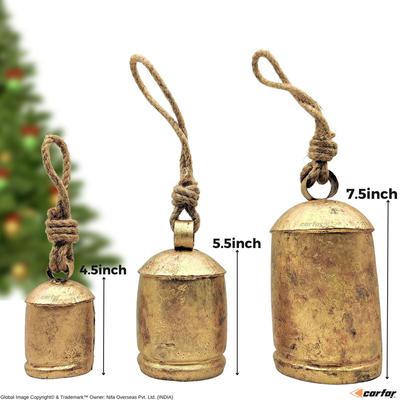 Set aus 3 Glocken im rustikalen schwarzen Stil, große handgefertigte riesige Metall-Harmonie-Weihnachts-Hänge-Kuhglocken, komplettes Set an Juteseil