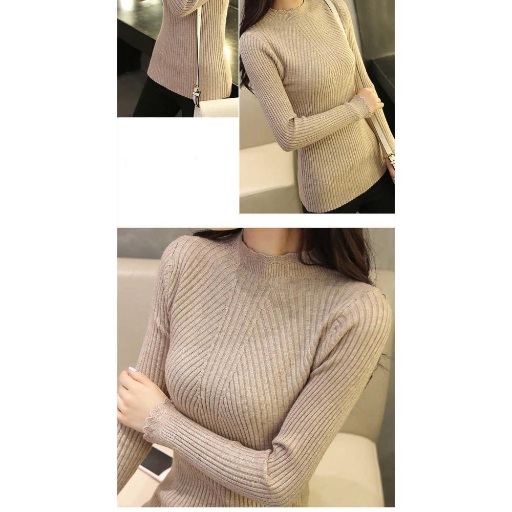 Podzimní Ženy Vysmívající se Volány za krkem Svetr Dlouhý rukáv Pletené Spodní část Pevné pulovry Proužek Pro ženy Svetr Zima
