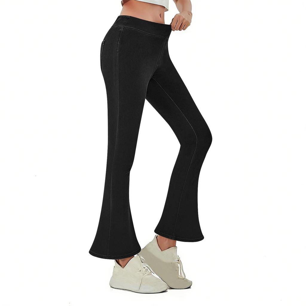 Women's Fashionable  Color Elastic Waist High Waist Pocket Casual Sports Bell Bottom Pants