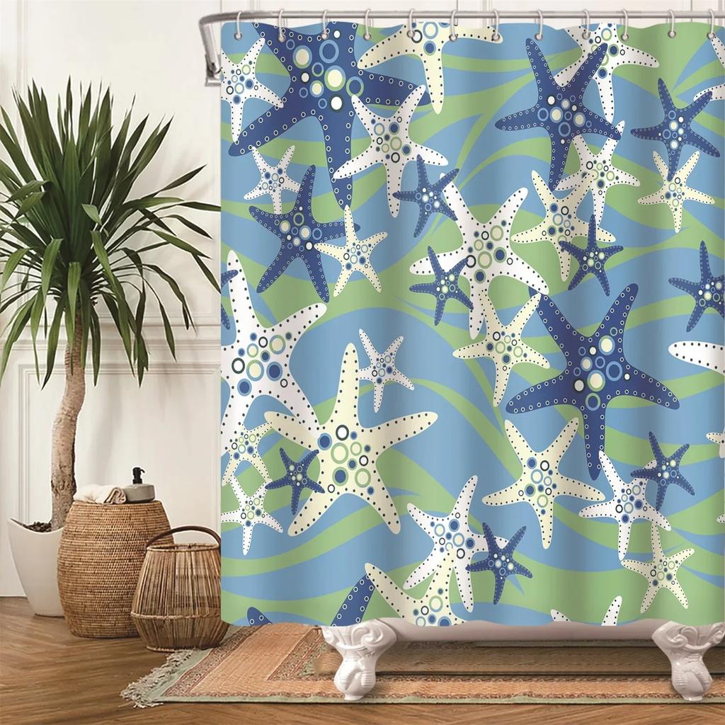 Nautical Coastal Shower Curtain Starfish Coral Seashell Beach Ocean Bathroom Curtain Underwater Marine Waterproof Bath Curtain
