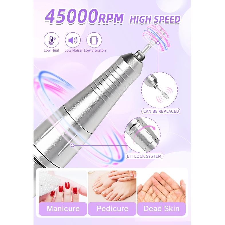 45000RPM Nail Drill Machine With Low Noise Portable Nail Drill Machine Rechargeable Nail Sander File For Manicure Salon Tool