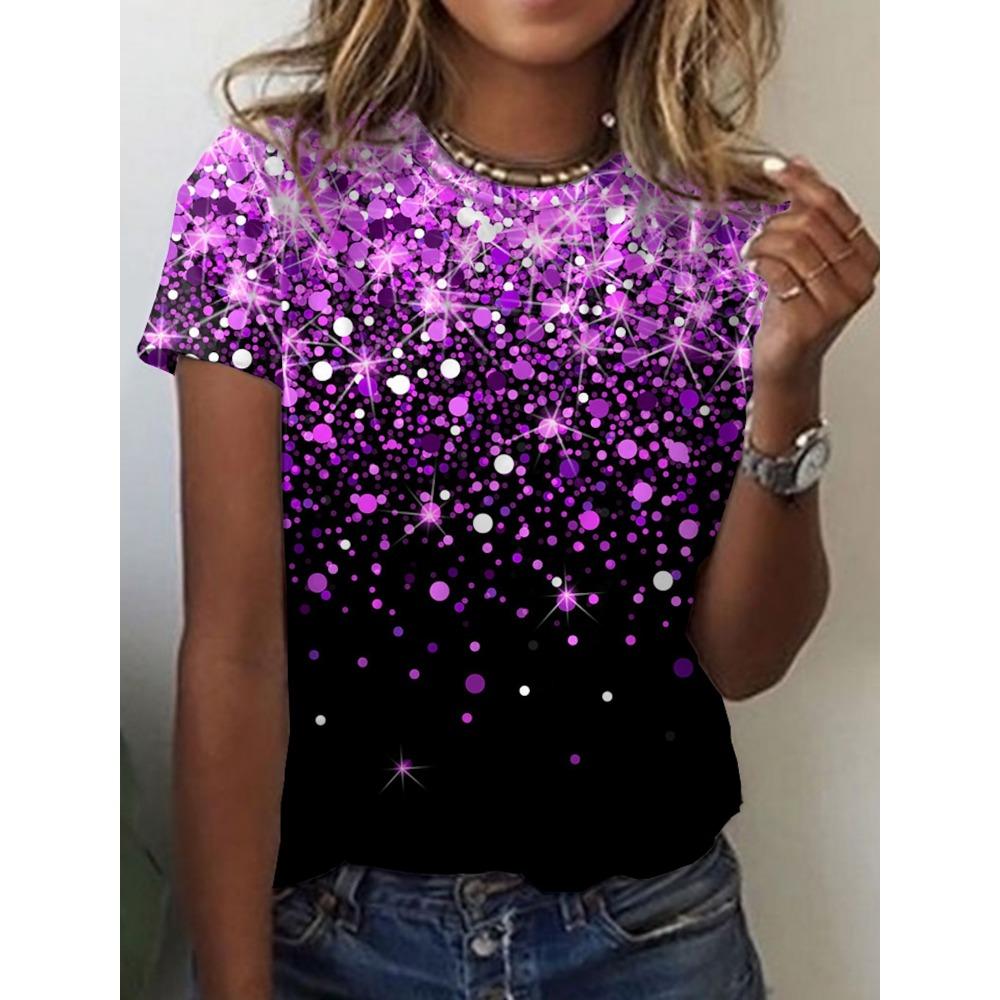 Letni damski top z krótkim rękawem z nadrukiem 3D w kwiatowy wzór z gradientem, modny T-shirt z dekoltem O, kwiatowa tekstura