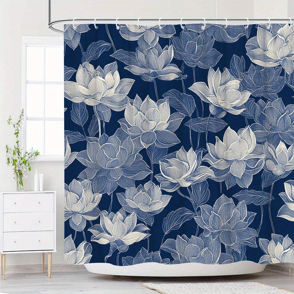

Lotus Flower Shower Curtain – Navy Blue Background With White Light Blue Watercolor Lotus Blooms, Waterproof Polyester 12 Hooks W60H190(CM)-1 Pcs
