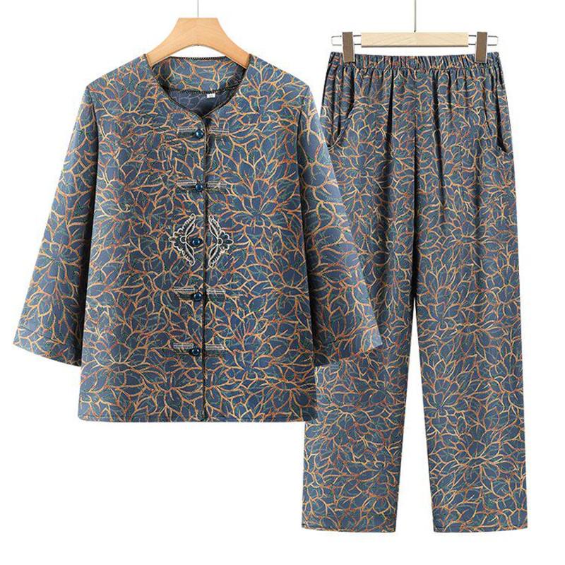

Comfortable Plus Size Loose Two-Piece Set for Moms: Printed Home Wear for Middle-Aged and Elderly Women - Spring and Autumn Style 5XL синій