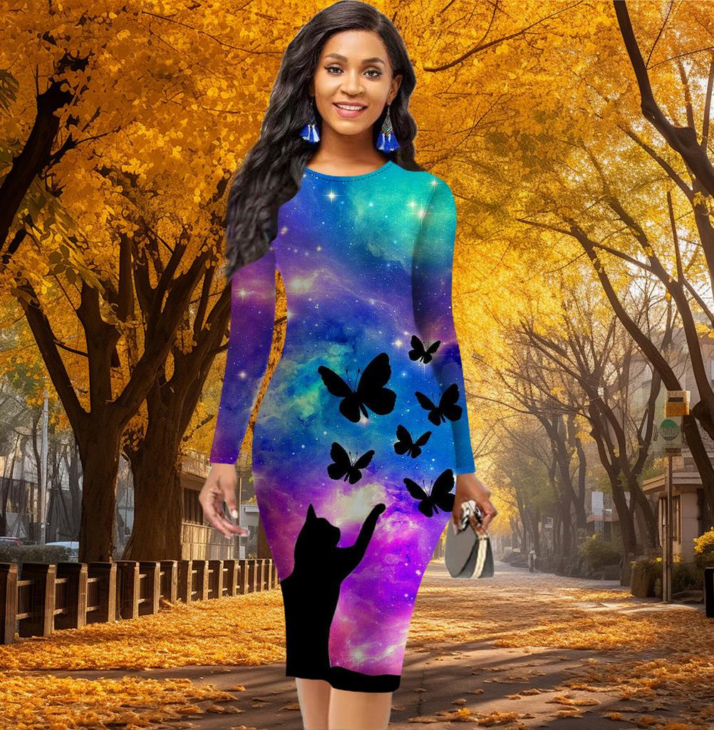 Long Sleeve Waist Tight Office Slim Fit Animal Cat Printing Elegant Bodycon Dress