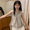 Vintage Plaid Fungus Edge Sleeveless Vest Shirt Women's Summer Sweet Design Loose Doll Shirt Top