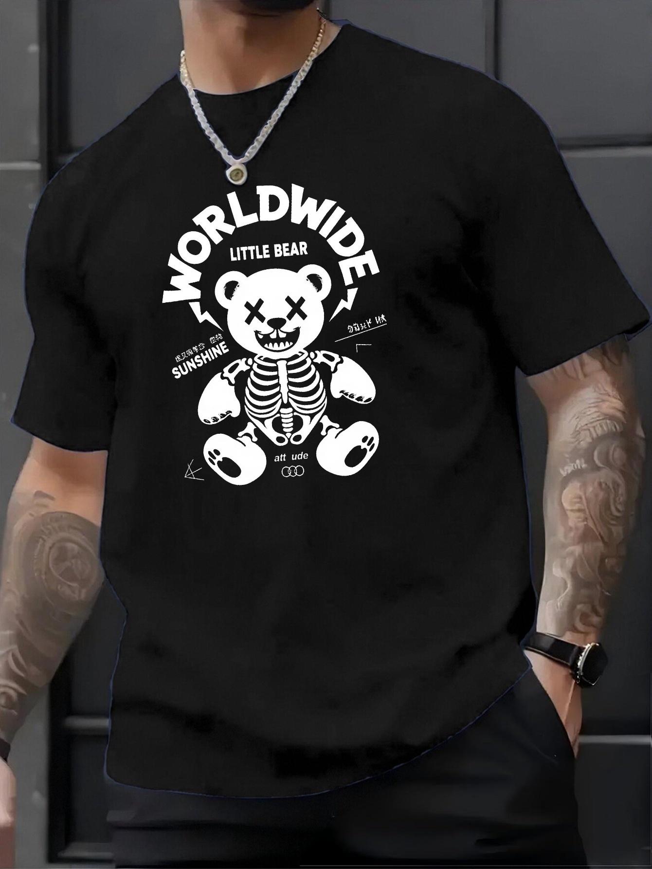 Worldwide Little Bear Graphic T-shirt - Black with White Skeleton Bear Design S