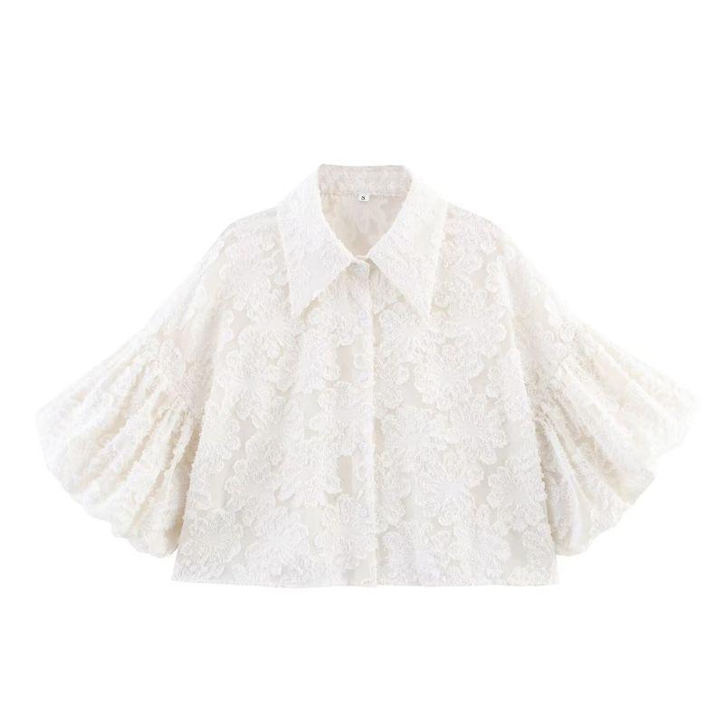 

Zbzr Spring New Women clothes Western Style French style Fashion Temperament Texture Cut Flower Lapel Puff sleeve Shirts White M