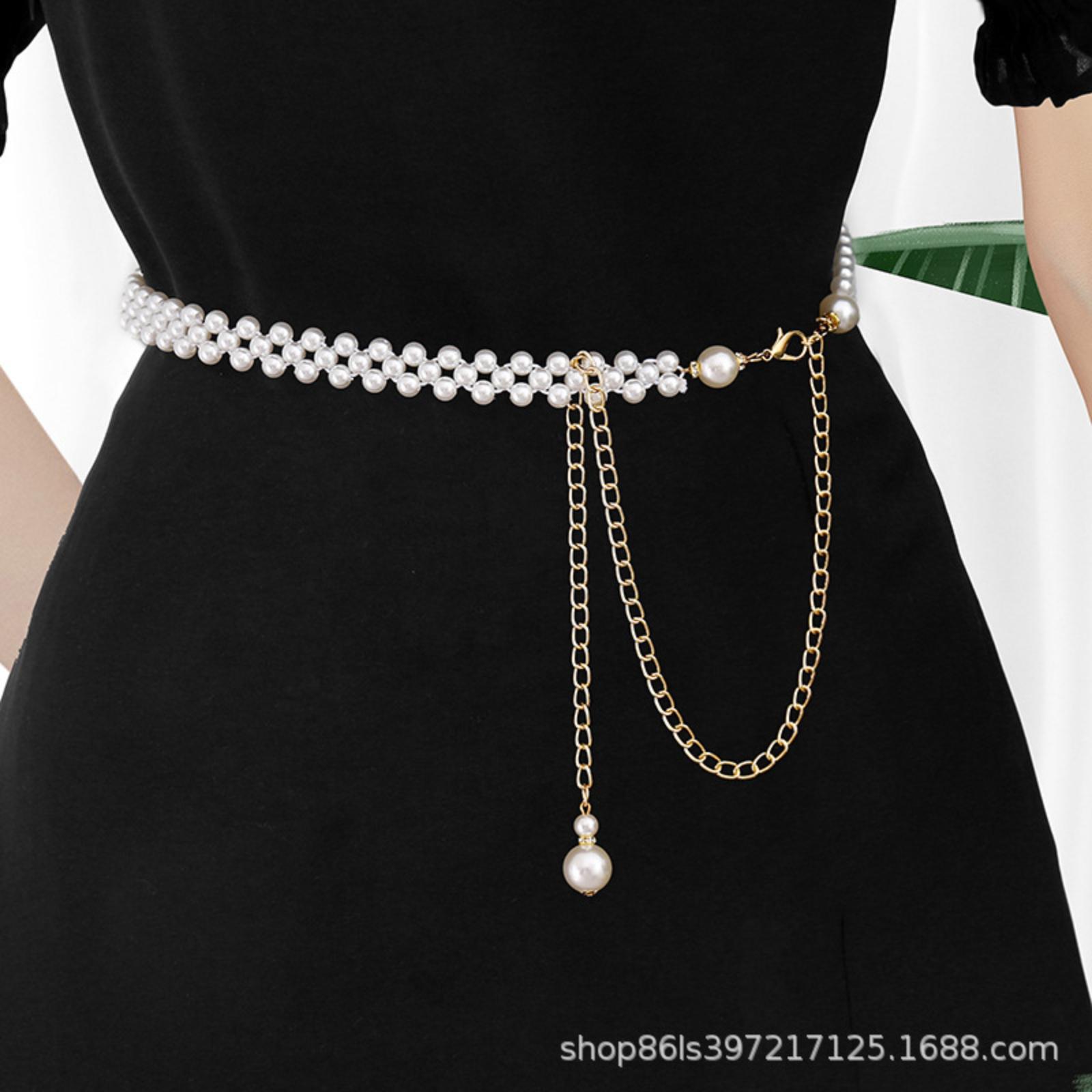 

Women s Pearl Belt, Diamond-Studded Elastic Waist Chain One Size