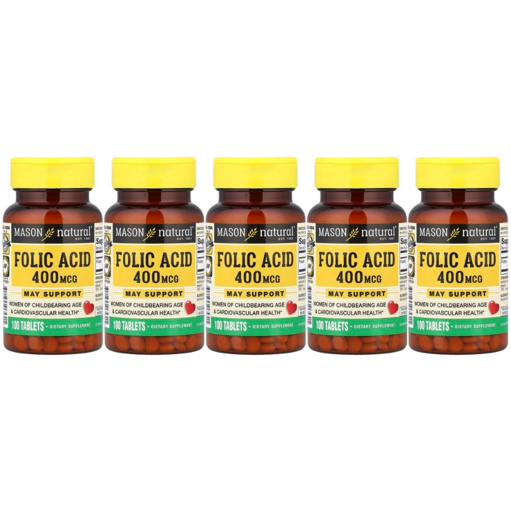 Mason Natural Vitamin Folic Acid 400mcg Tablets Gift for Fertility Women 100 Tablets 5 Pcs