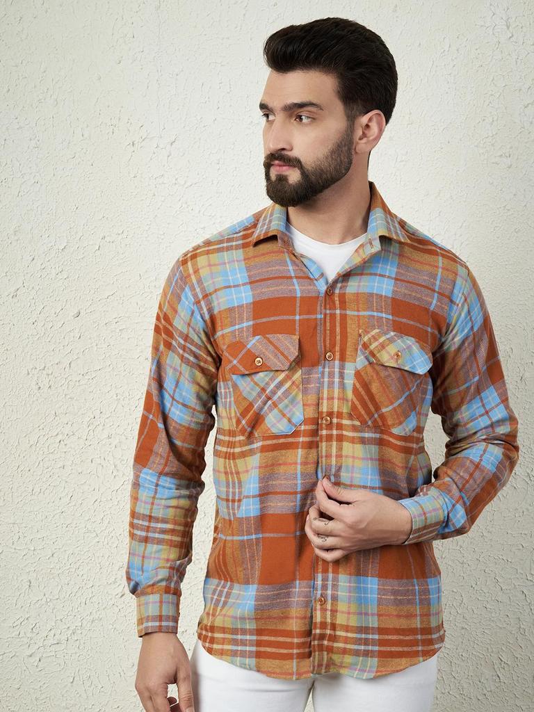 Oranžová kostkovaná flanelová košile s našitou kapsou – 100% česaná bavlna, 180 GSM, dlouhé rukávy