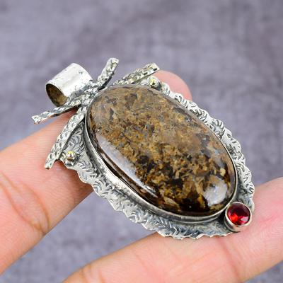 Natural Turtela Fossil, Garnet Gemstone 925 Sterling Silver Pendant 2.37" U4t98