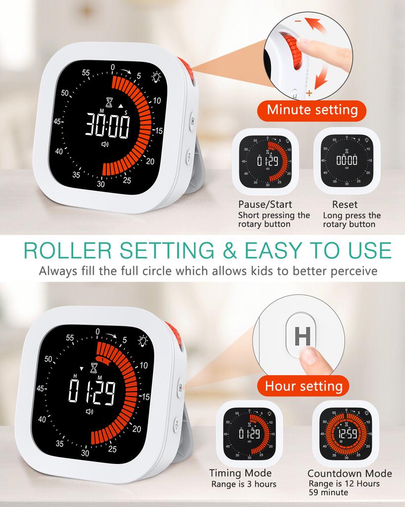 Upgraded Visual Timer Rechargeable Digital Countdown Kitchen Mechanical Cooking Timer Management Tool for Home School Office
