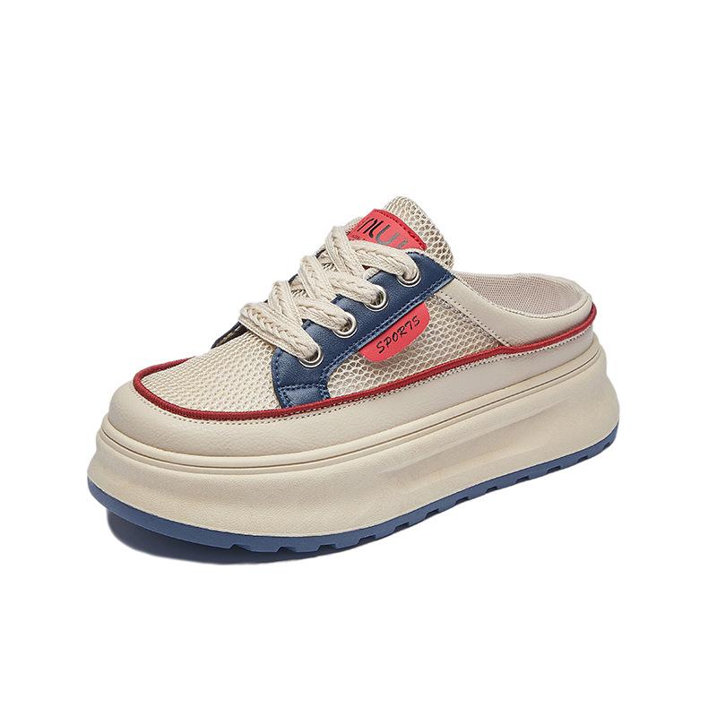 Summer Half-support White Shoes New Style for Female Students Thick Sole Heightened Mesh Breathable and Casual