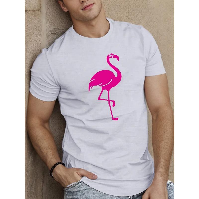 Męska koszulka z krótkim rękawem i grafiką flaminga, rozmiar europejski - Lekki letni top z okrągłym dekoltem, Można prać w pralce, Luźny krój do codziennych stylizacji