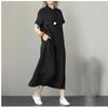 Women's Polo Neck Short Sleeve Linen Maxi Dress Loose Casual Cotton Linen Shirt Dress