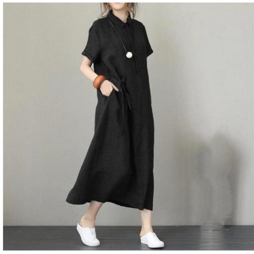 Women's Polo Neck Short Sleeve Linen Maxi Dress Loose Casual Cotton Linen Shirt Dress