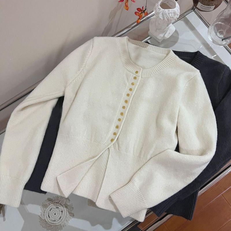 Heavy Industrial Waist Cardigan Sweater Metal Button 2023 Autumn and Winter High Waist Long Sleeve Solid Women Knitting Cardigan