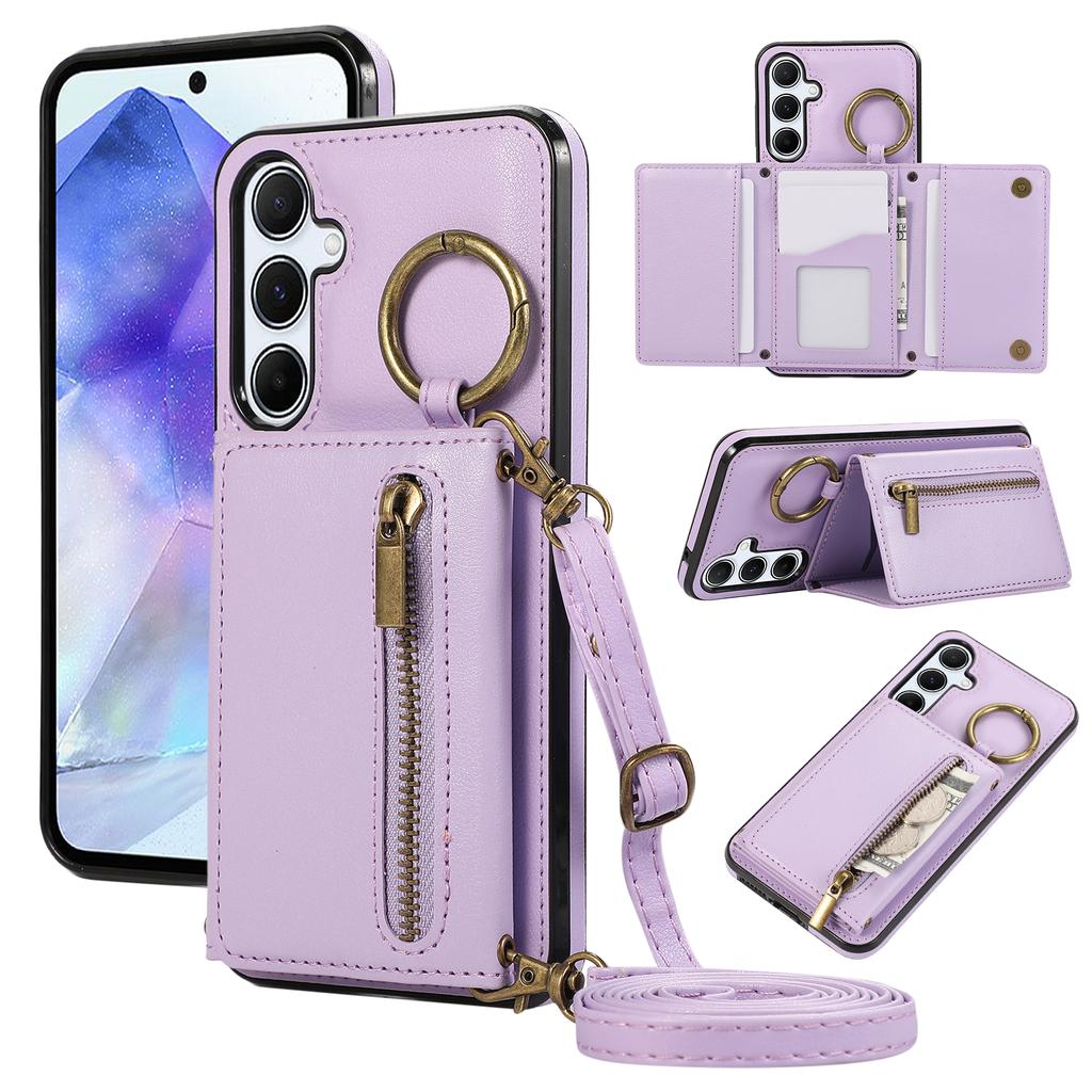 For Samsung Galaxy A16 4G Leather Back Cover Zipper Wallet Kickstand Phone Case with Shoulder Strap