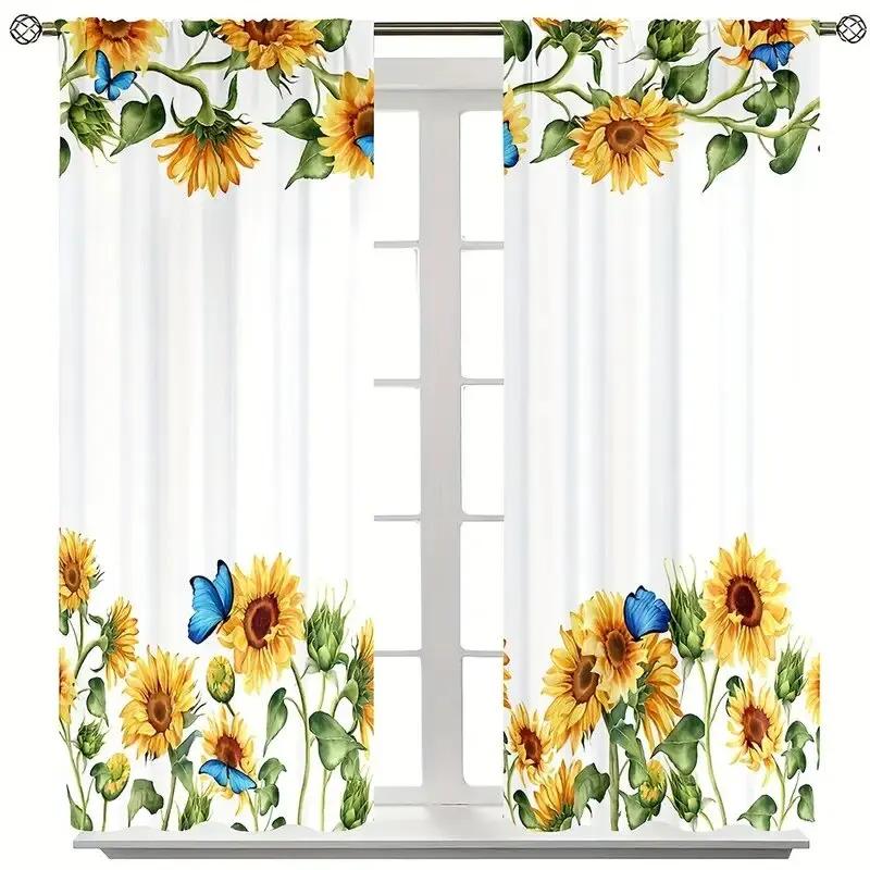 Set aus 2 Vorhängen mit Sonnenblumenmuster Schmetterlingen Sonnenlicht Fensterdekorationen Wohnraumvorhang Hergestellt aus Polyester