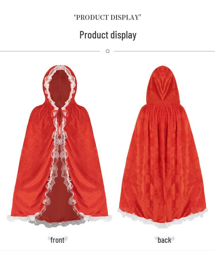 Women's Lace-Trimmed Red Hooded Cape - Halloween Costume Cloak Short Retro Trench Coat Stage Performance Wear