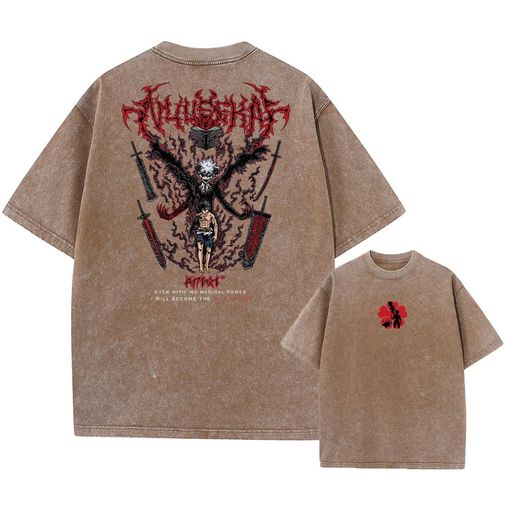 American Retro Black Clover Cartoon Printed Washed Cotton Y2k Retro Harajuku Style Round Neck T-Shirt Short Sleeve Men